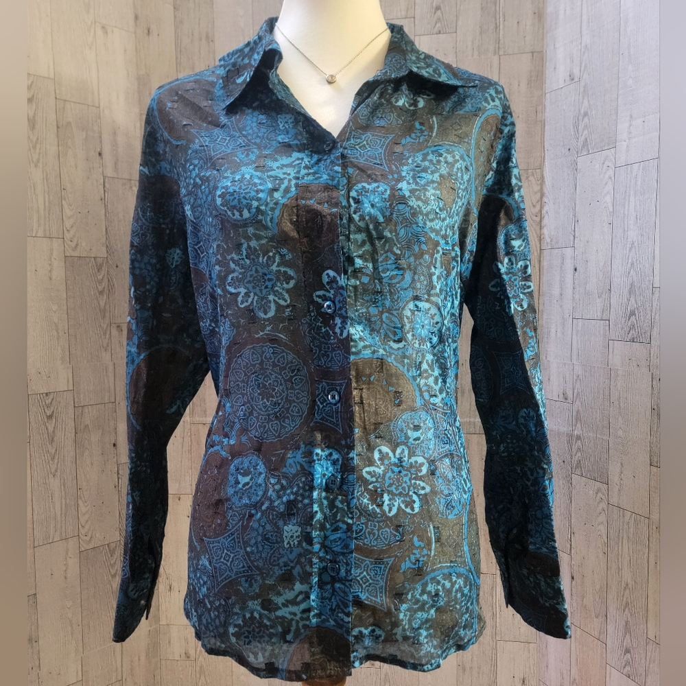 Christopher & Banks blue & black shirt. Long sleeve. Size large